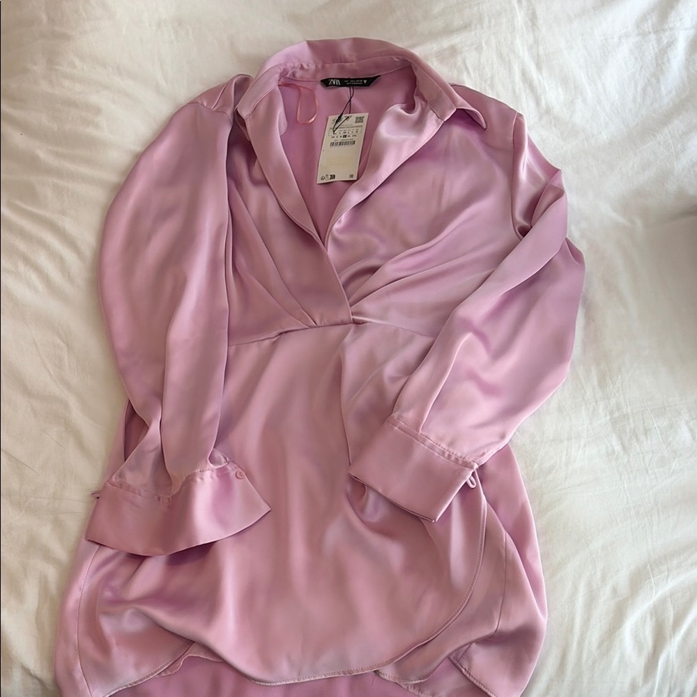 NWT Zara Pink Satin Wrap Mini Dress Long Sleeve Collared
